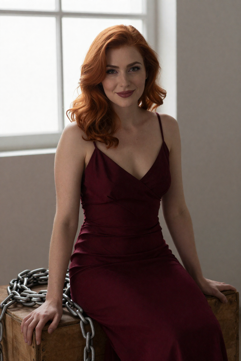 A fictional adult woman in her late twenties with copper-red hair over one shoulder and a
